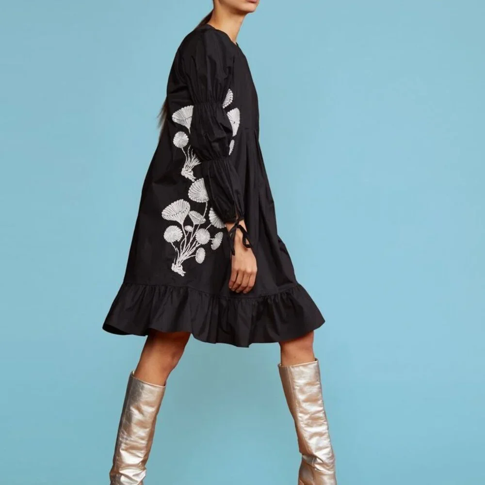 CYNTHIA ROWLEY - Kyoto Embroidered Dress Black/White Floral Long Sleeve SIZE M - Picture 3 of 5